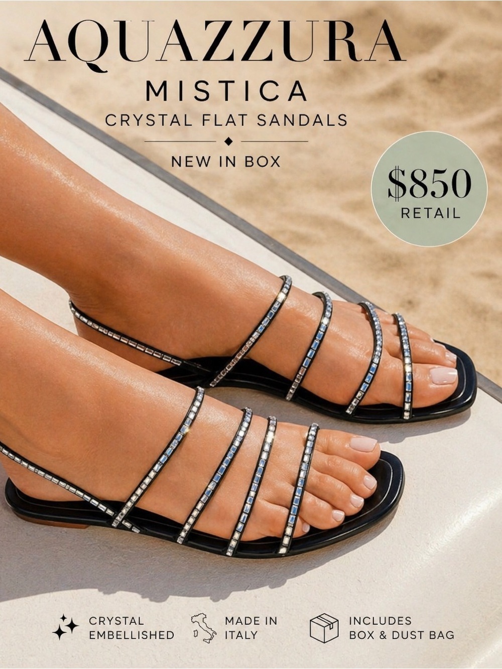 Aquazzura Mistica Crystal Embellished  flat sandals.Tequila Style NIB 36.5